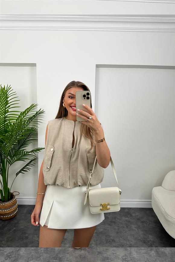 Marka Model Yazlık Keten Kumaş Bomber Yelek  Taş