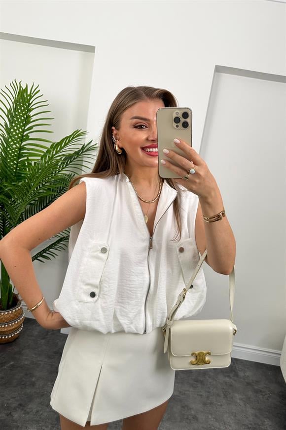 Marka Model Yazlık Keten Kumaş Bomber Yelek Beyaz 