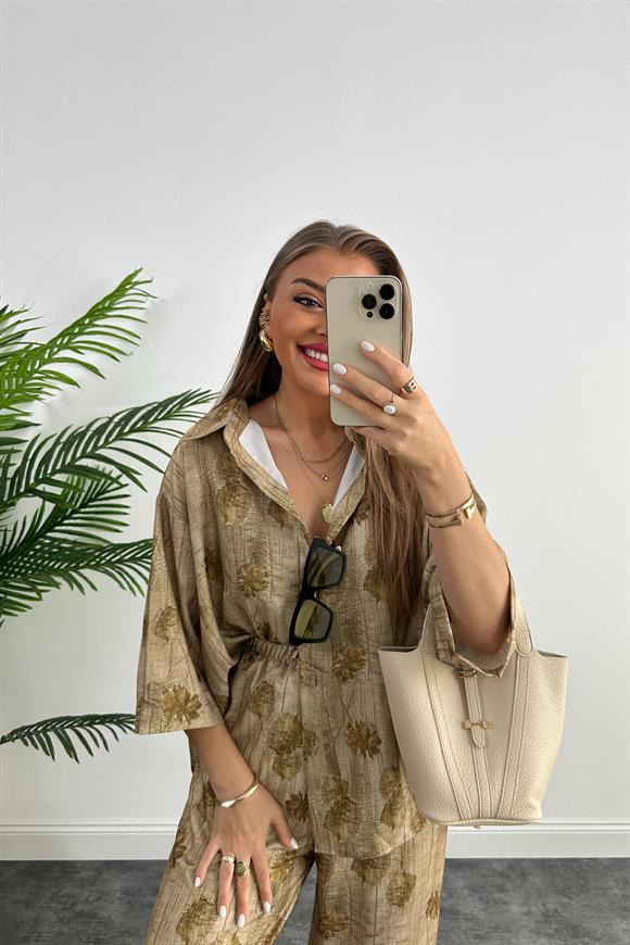 Marka Model Yeşil Desenli Palazzo Gömlek Takım