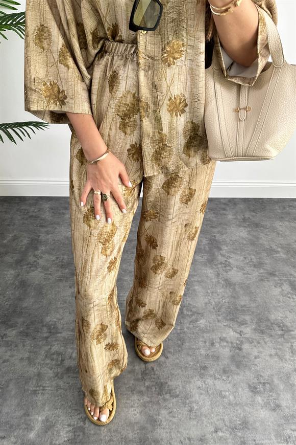 Marka Model Yeşil Desenli Palazzo Gömlek Takım