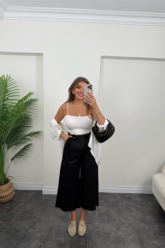 Massi Bol Paça Kuşaklı Midi Pantolon Siyah