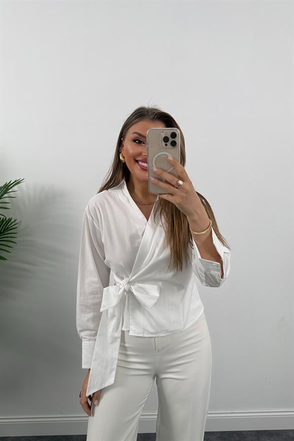 Massi Model Bağlama Kruvaze Gömlek Beyaz