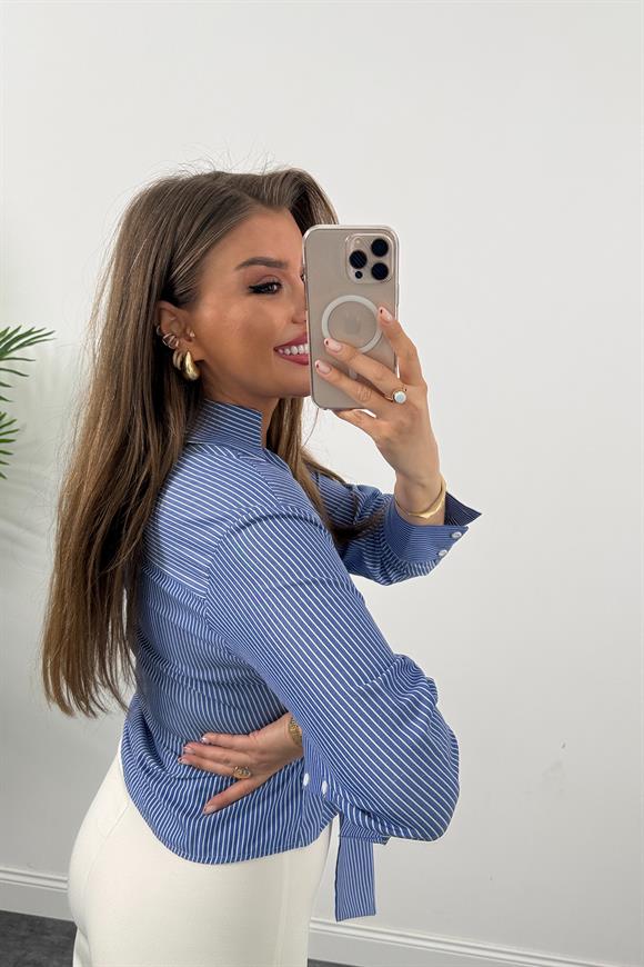 Massi Model Bağlama Kruvaze Gömlek Mavi Beyaz Çizgili