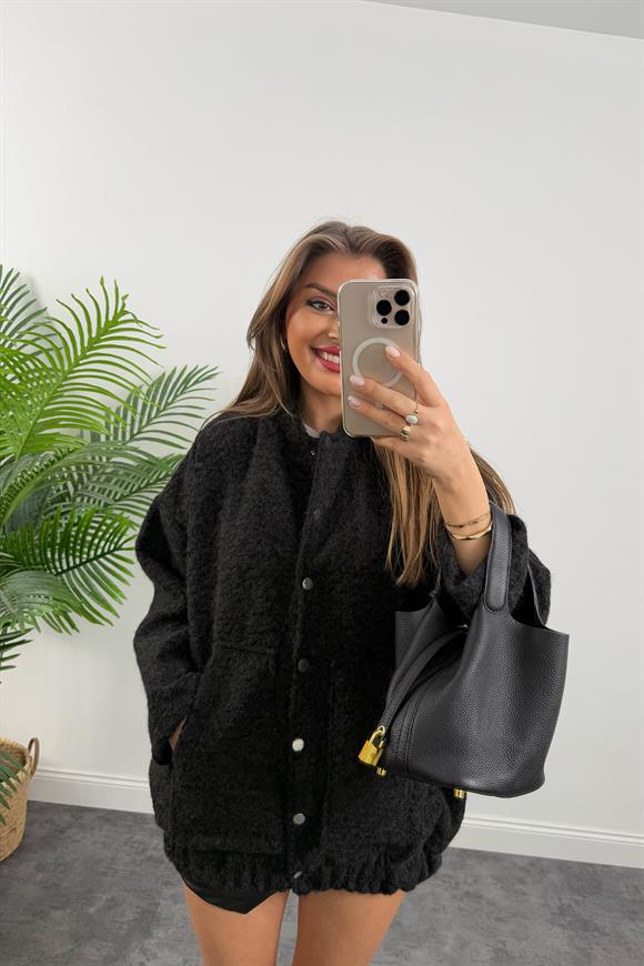 Massi Model Buklet Kumaş Uzun Bomber Mont Siyah