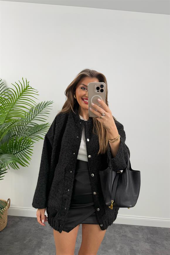 Massi Model Buklet Kumaş Uzun Bomber Mont Siyah