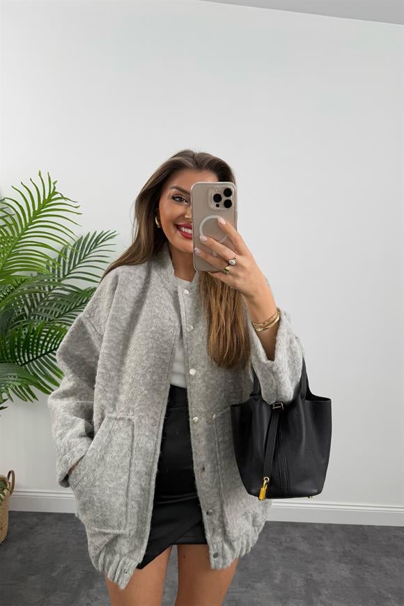 Massi Model Buklet Kumaş Uzun Bomber Mont Gri