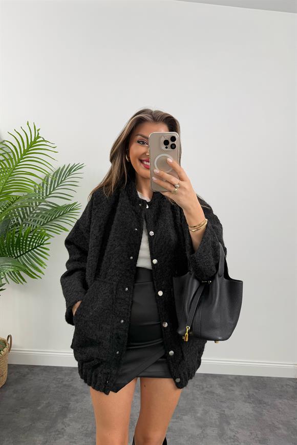 Massi Model Buklet Kumaş Uzun Bomber Mont Siyah