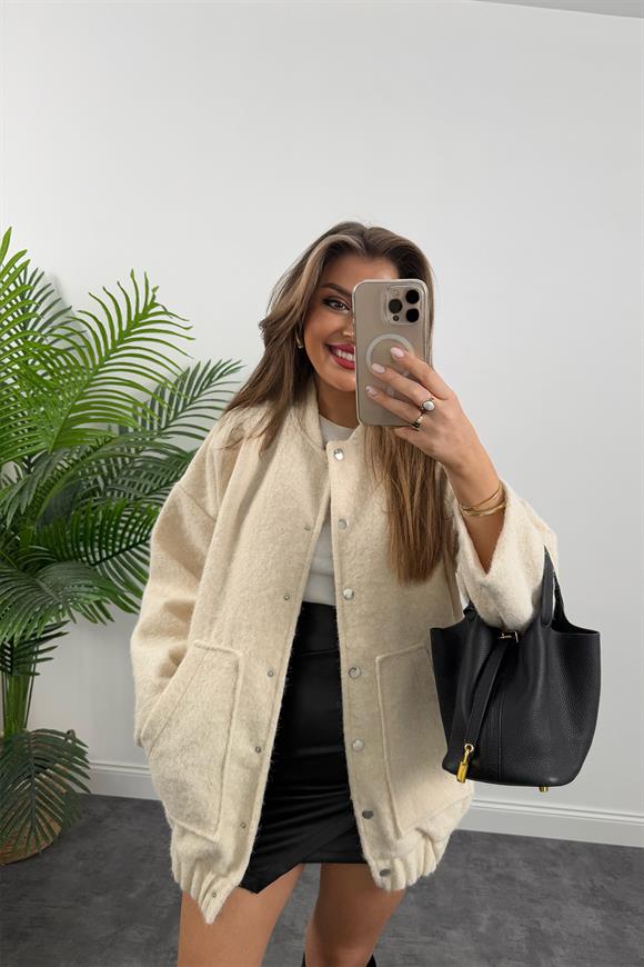 Massi Model Buklet Kumaş Uzun Bomber Mont Krem