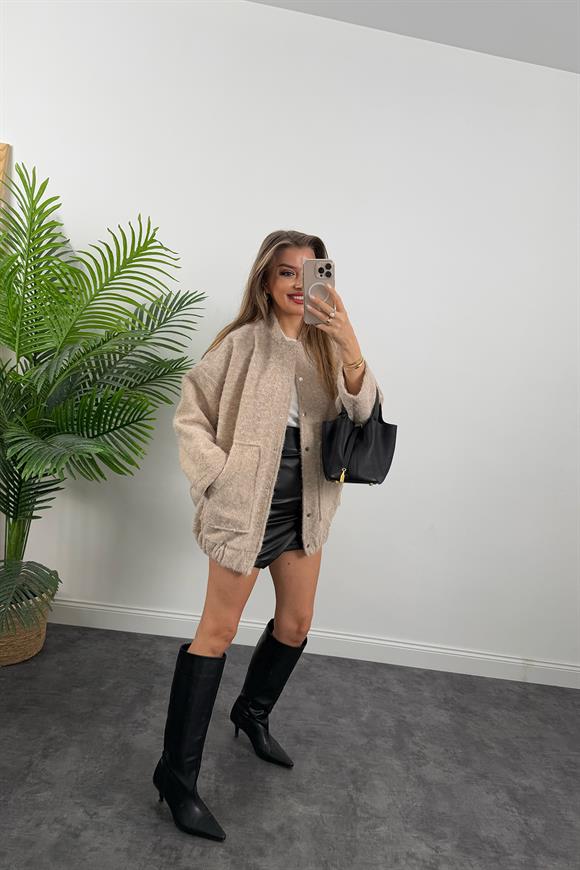 Massi Model Buklet Kumaş Uzun Bomber Mont Taş