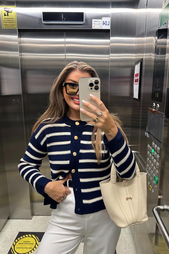 Massi Model Gold Düğmeli Çizgili Marin Hırka Lacivert