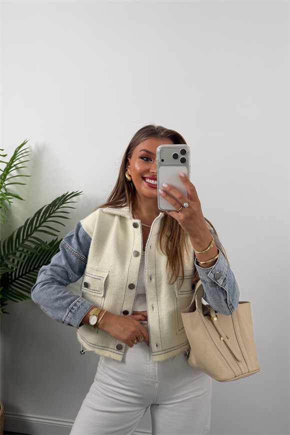 Massi Model Kolu Jean Yumoş Triko Ceket Krem