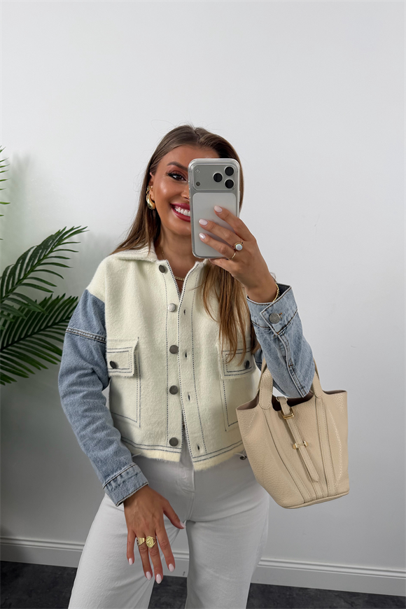 Massi Model Kolu Jean Yumoş Triko Ceket Krem
