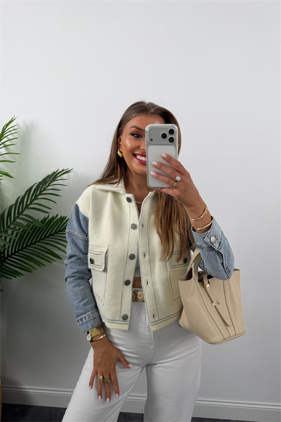 Massi Model Kolu Jean Yumoş Triko Ceket Krem