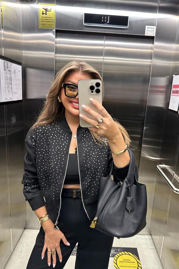 Massi Model Krep Kumaş Astarlı Taşlı Tasarım Bomber Ceket