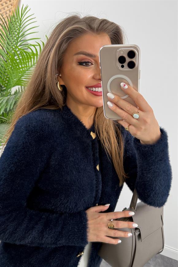 Massi Model Lüx Kalite Kalp Düğme Peluş Triko Hırka Lacivert