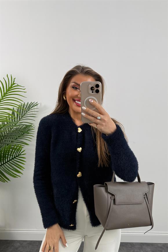 Massi Model Lüx Kalite Kalp Düğme Peluş Triko Hırka Lacivert