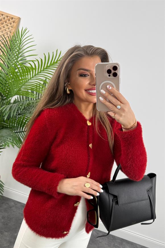 Massi Model Lüx Kalite Kalp Düğme Peluş Triko Hırka Koyu kırmızı
