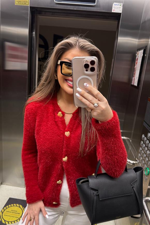 Massi Model Lüx Kalite Kalp Düğme Peluş Triko Hırka Koyu kırmızı