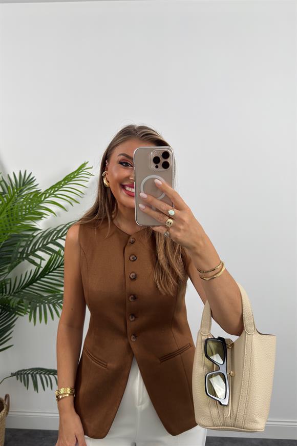 Massi Model Lüx Kalite Nubuk Yelek Taba Kahve