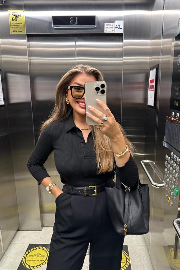 Massi Model Lüx Kalite Polo Yaka İnce Triko Bluz Siyah