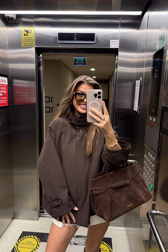 Massi Model Lüx Kalite Yakası Kemerli Parka Trençkot Acı Kahve