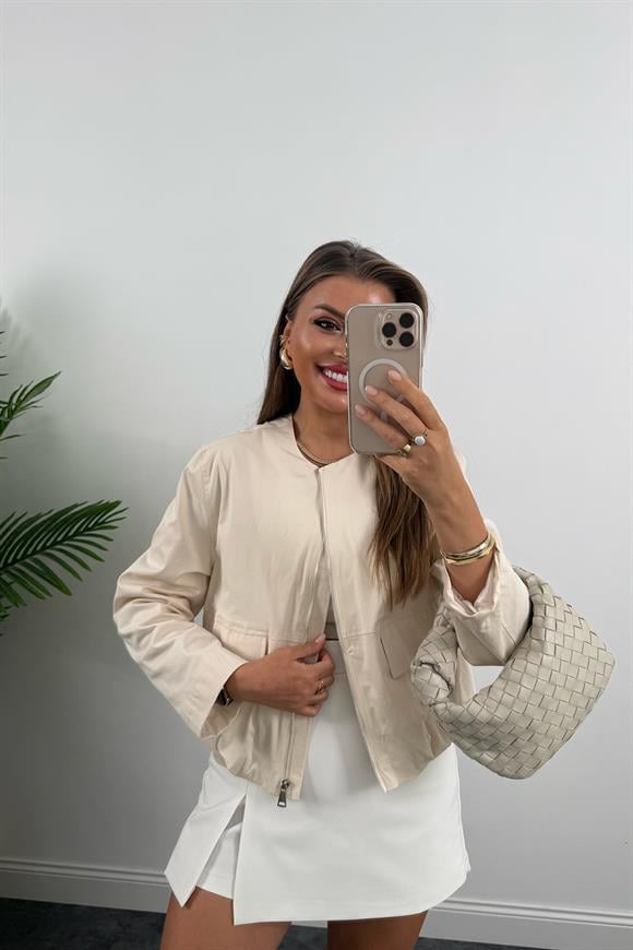 Massi Model Pamuk Gabardin Eteği Büzgülü Bomber Ceket Taş