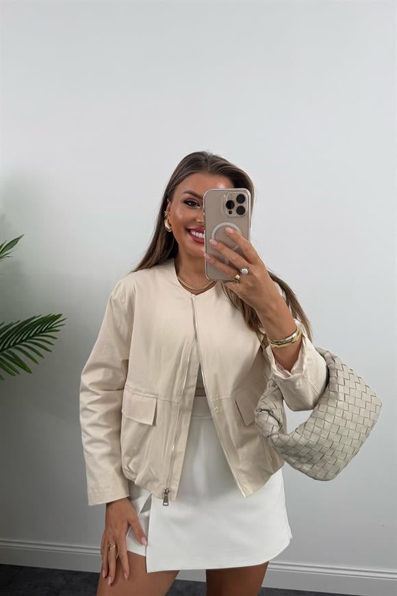 Massi Model Pamuk Gabardin Eteği Büzgülü Bomber Ceket Taş