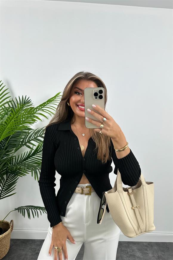 Massi Model Polo Yaka Tam Boy Düğmeli Elit Triko Siyah 