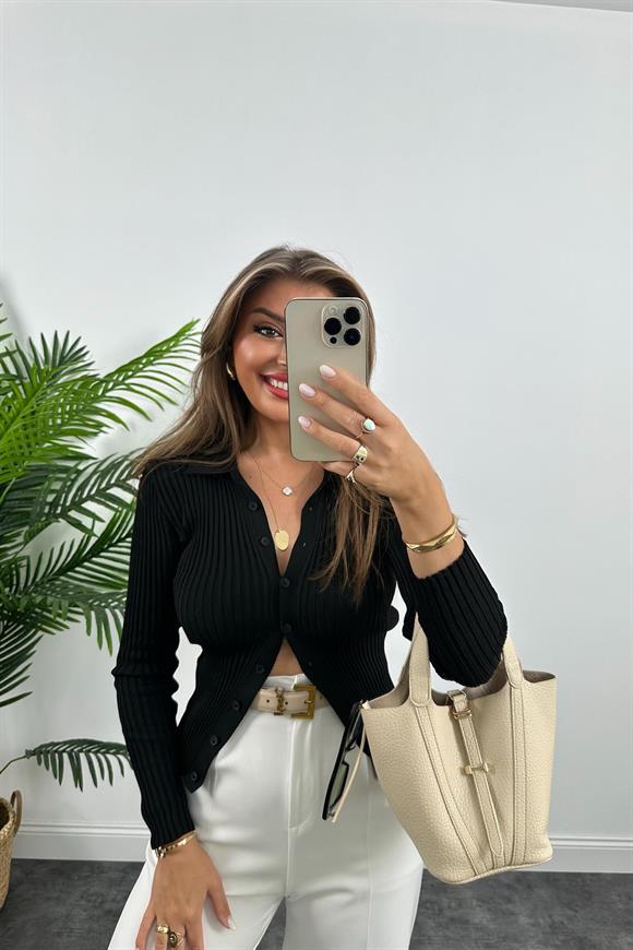 Massi Model Polo Yaka Tam Boy Düğmeli Elit Triko Siyah 