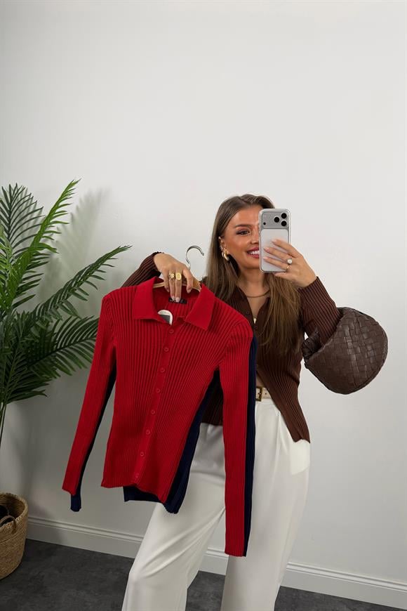 Massi Model Polo Yaka Tam Boy Düğmeli Elit Triko Kırmızı