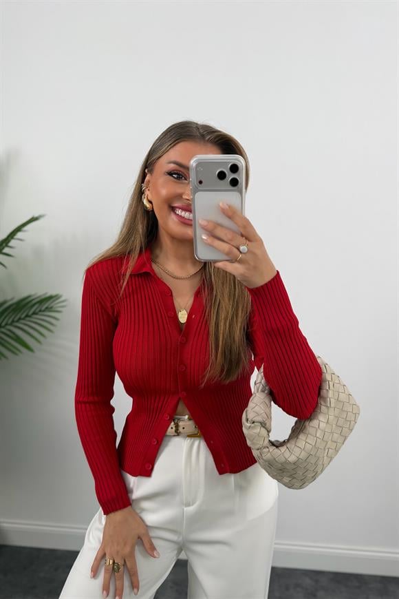 Massi Model Polo Yaka Tam Boy Düğmeli Elit Triko Kırmızı