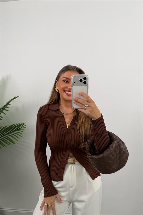 Massi Model Polo Yaka Tam Boy Düğmeli Elit Triko Acı Kahve