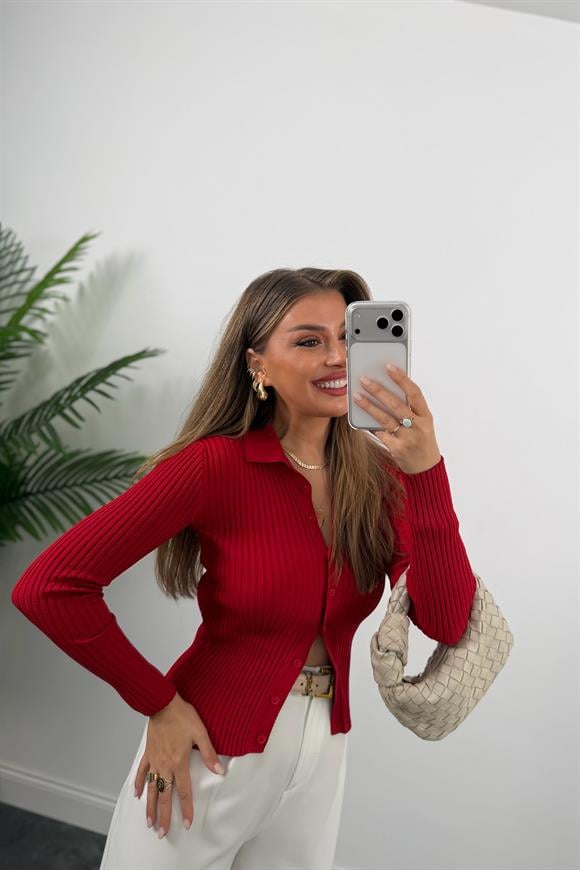 Massi Model Polo Yaka Tam Boy Düğmeli Elit Triko Kırmızı