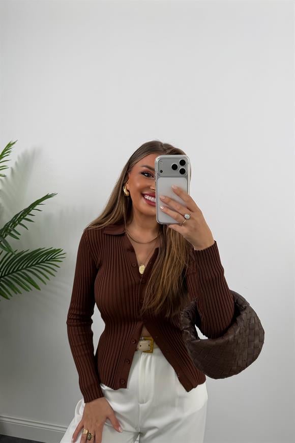 Massi Model Polo Yaka Tam Boy Düğmeli Elit Triko Acı Kahve