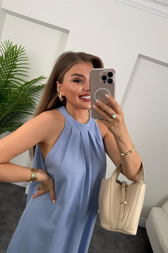 Massi Model Reklam Kol Salaş Keten Elbise Mavi