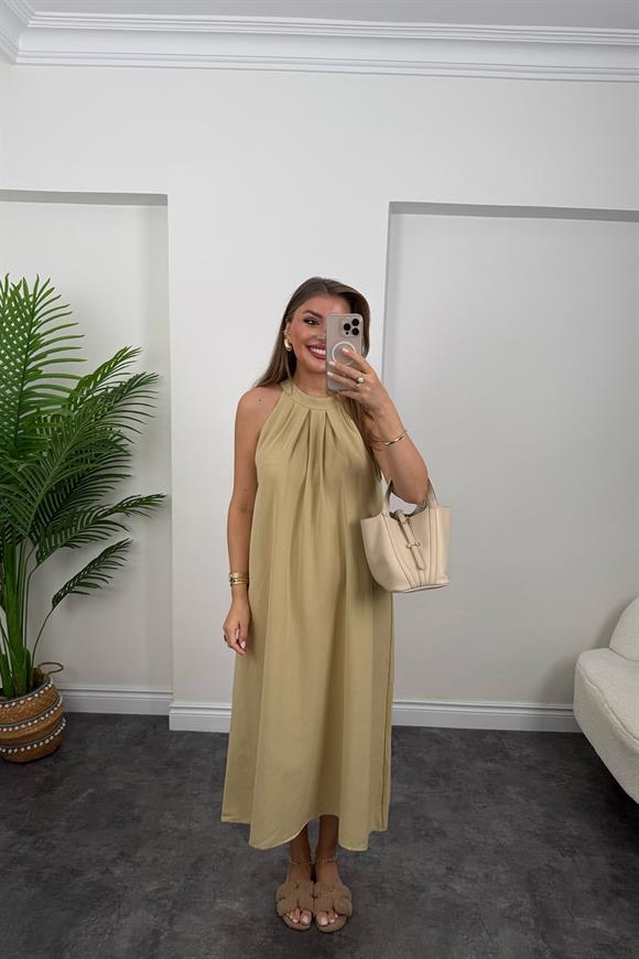 Massi Model Reklam Kol Salaş Keten Elbise Sarı