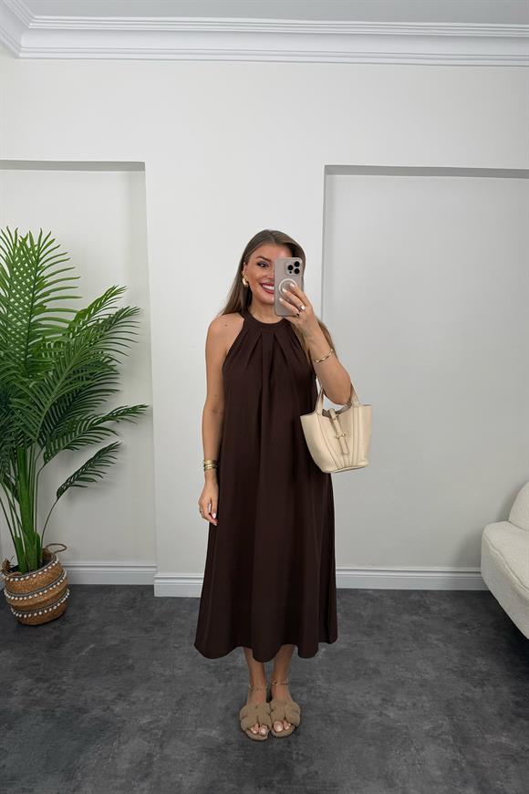 Massi Model Reklam Kol Salaş Keten Elbise Kahverengi