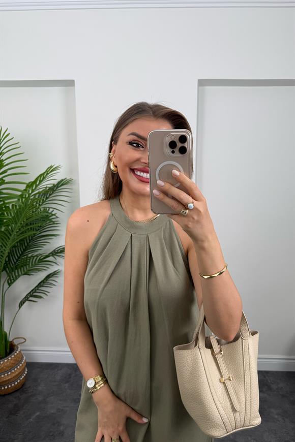 Massi Model Reklam Kol Salaş Keten Elbise Haki