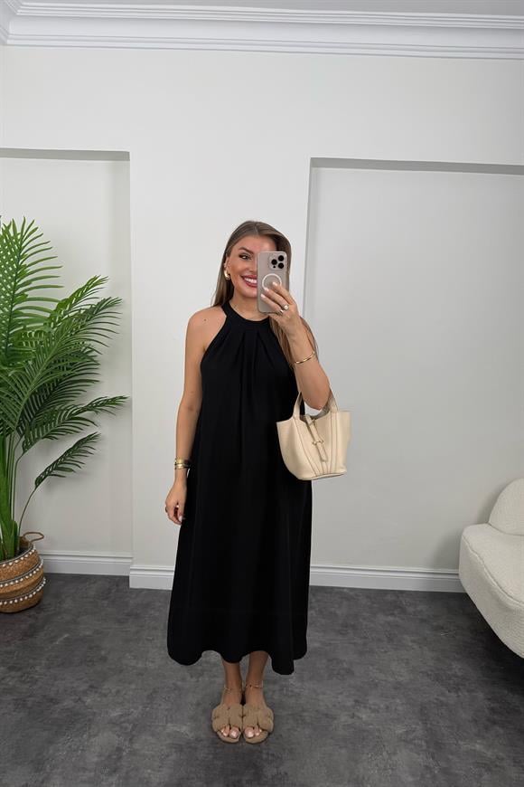 Massi Model Reklam Kol Salaş Keten Elbise Siyah