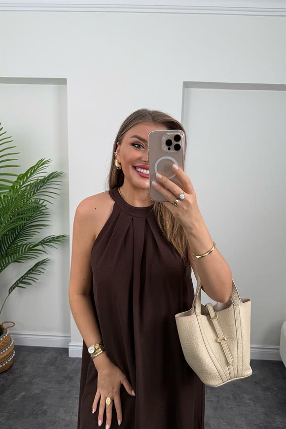 Massi Model Reklam Kol Salaş Keten Elbise Kahverengi