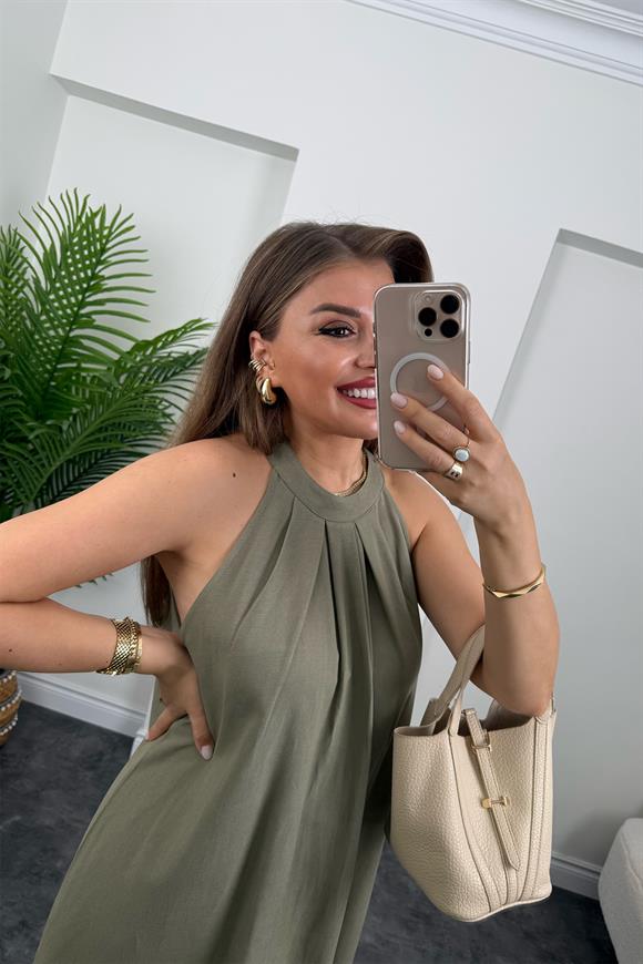 Massi Model Reklam Kol Salaş Keten Elbise Haki