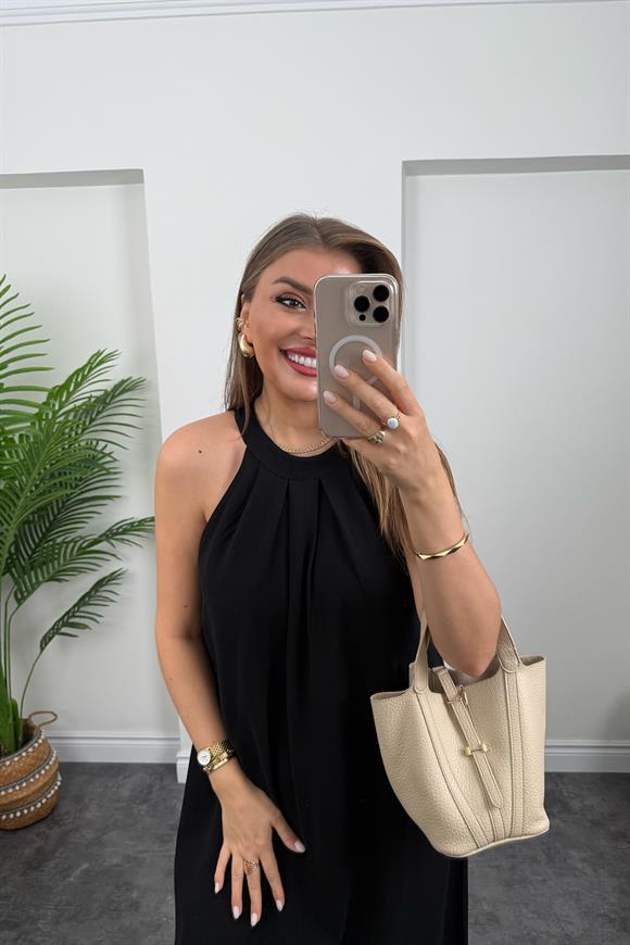 Massi Model Reklam Kol Salaş Keten Elbise Siyah