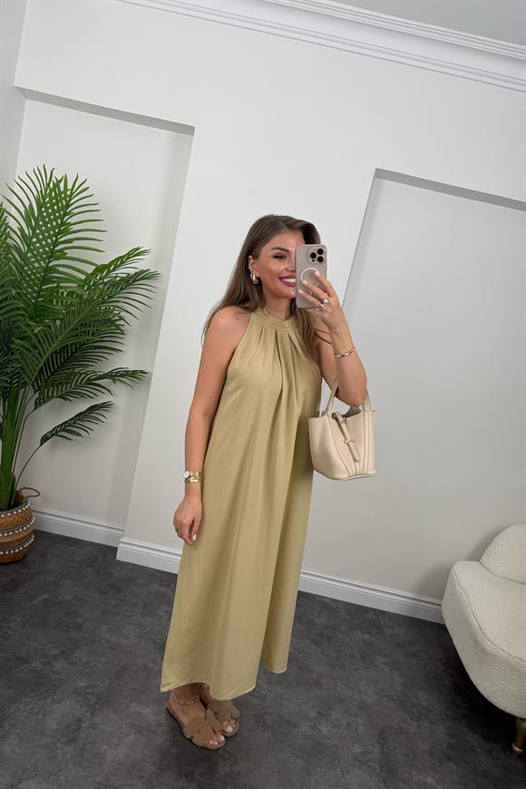 Massi Model Reklam Kol Salaş Keten Elbise Sarı