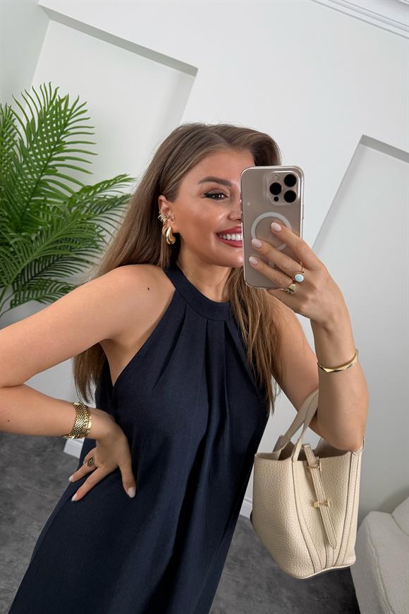 Massi Model Reklam Kol Salaş Keten Elbise Lacivert