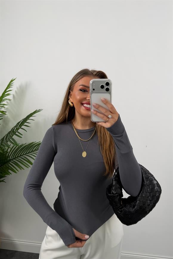 Massi Model Tam Pamuklu Soft Touch Likralı Basic Body Antrasit 