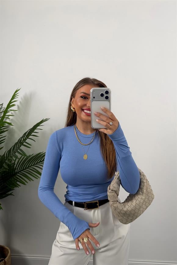 Massi Model Tam Pamuklu Soft Touch Likralı Basic Body Mavi