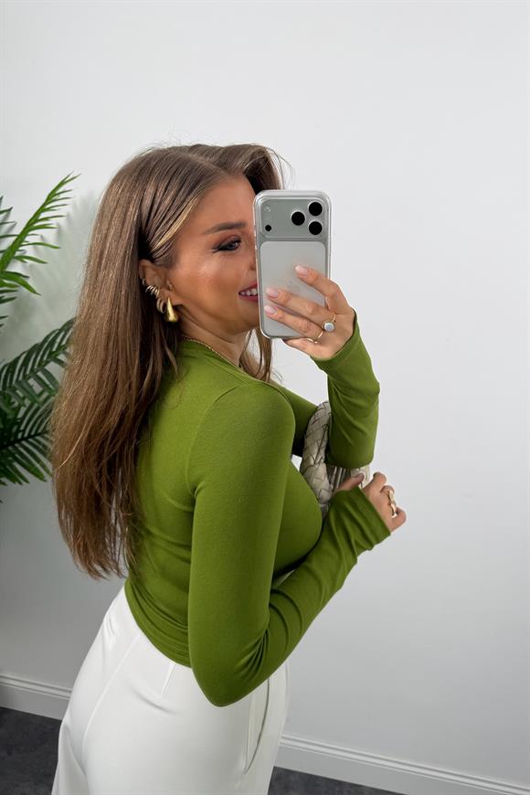 Massi Model Tam Pamuklu Soft Touch Likralı Basic Body Yağ Yeşili