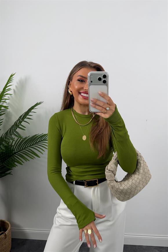 Massi Model Tam Pamuklu Soft Touch Likralı Basic Body Yağ Yeşili