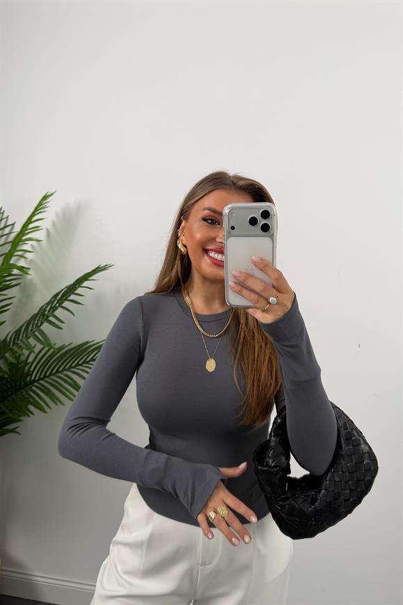 Massi Model Tam Pamuklu Soft Touch Likralı Basic Body Antrasit 