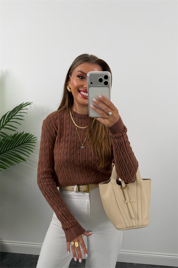 Massi Özel İplik Saç Örgü Eskitme Triko Kahve